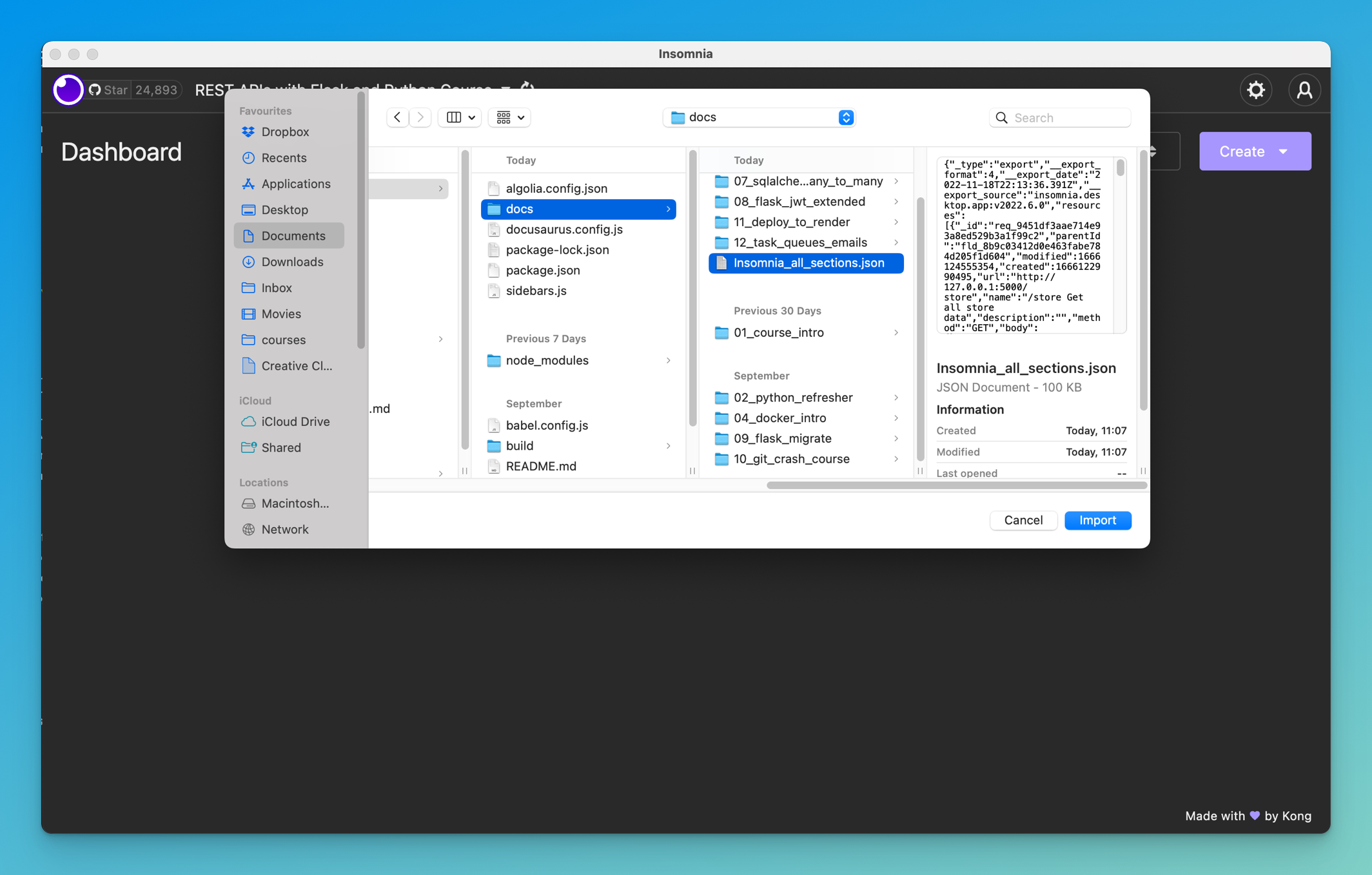 Screenshot showing the instructor finding the all-sections file when importing using Insomnia